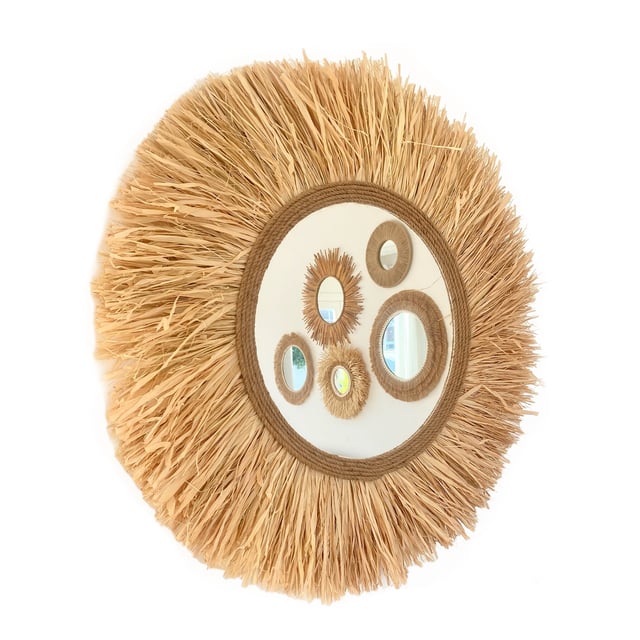 Ozdobne lustro ścienne z rafii i naturalnych włókien – RAFFIA CORD Ø całkowita 100 cm