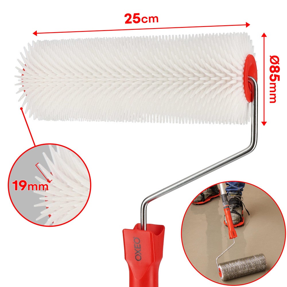 Kit outils ragréage - Rouleaux débulleurs 25-50cm - Râteau autonivelant 56cm - Chaussures pointes acier - Ciment auto-nivelant - 3