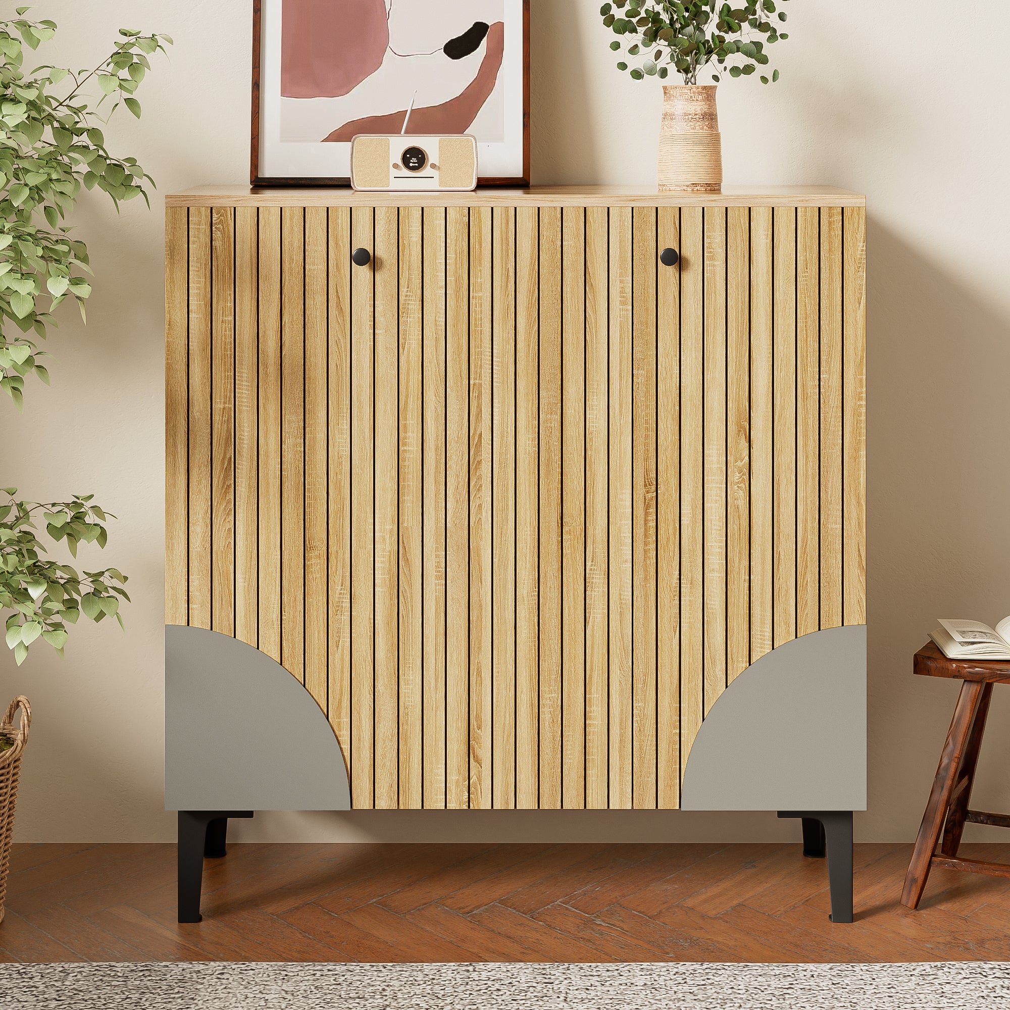 Meuble à chaussures moderne 90x32x94 cm - avec 3 portes - Étagères à plusieurs niveaux - aspect bois - Panneaux de particules - Naturel - 4