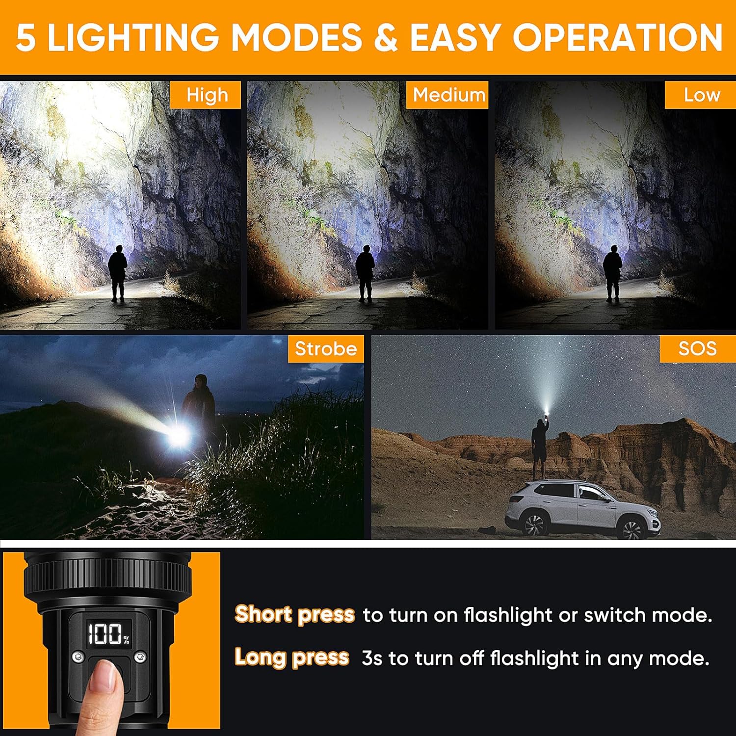 Torcia LED ricaricabile ultra potente da 990.000 lumen, 5 modalità, display LCD, ideale per campeggio ed emergenze. - 3