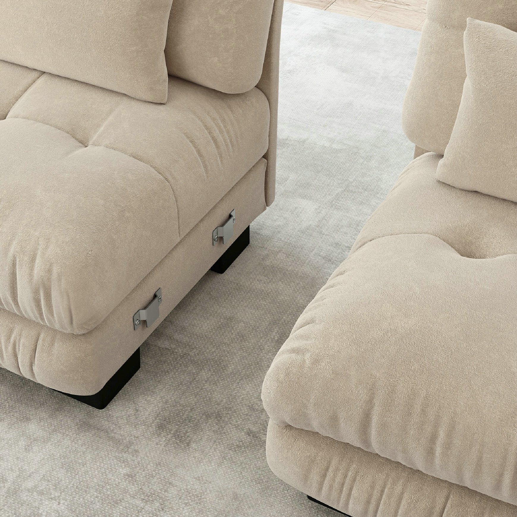 Canapé d\'angle modulaire luxueux 3 places U – en forme de nuage, confortable – canapé-lit profond avec pouf – chenille marron clair - 6