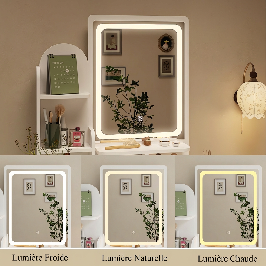 Coiffeuse avec miroir en MDF Blanc H. 143.0 x l. 80.0 x P. 40.0 cm - 3