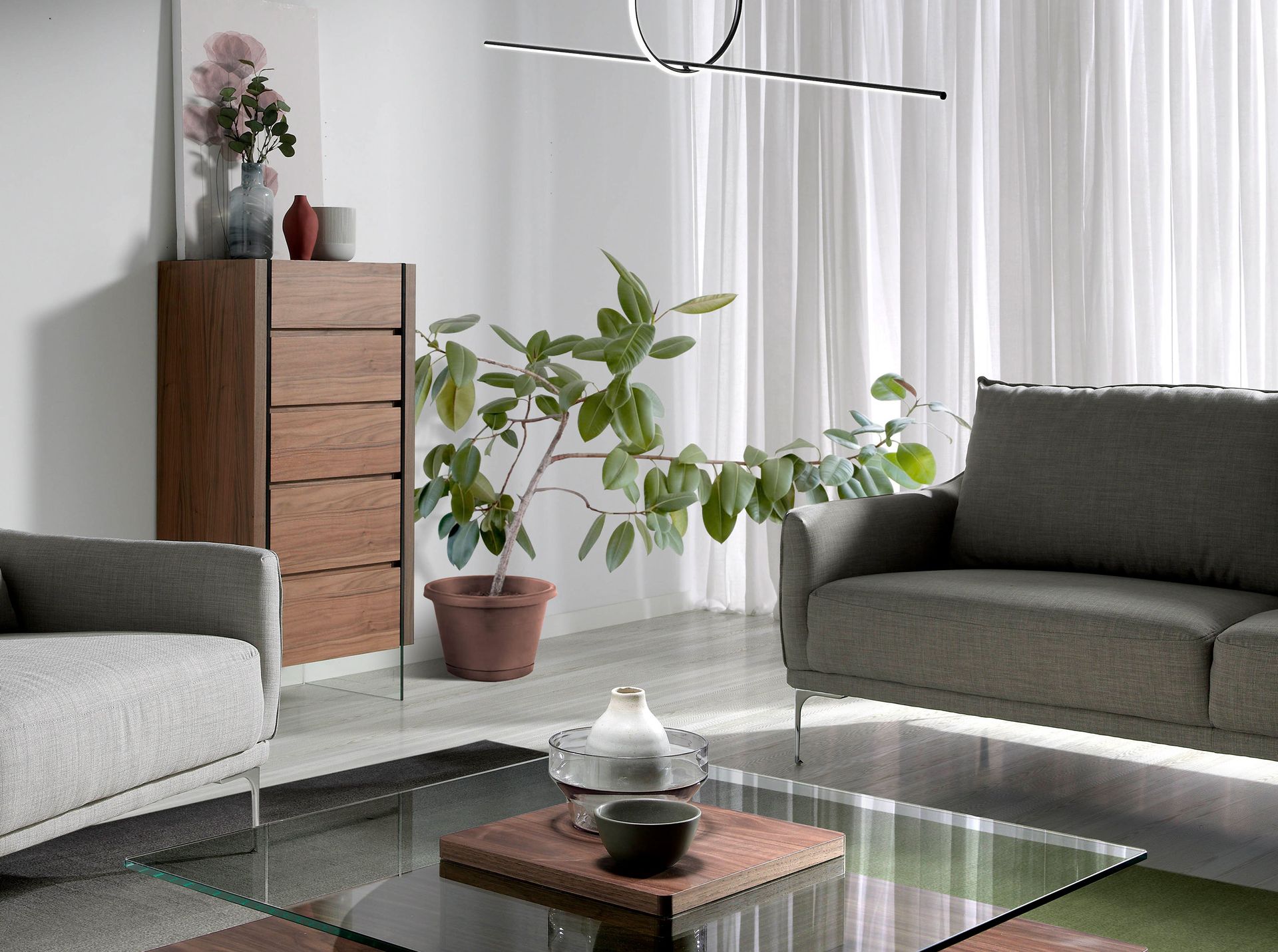 Commode en noyer avec plateau en verre effet marbre 120 x 45 x 80 - 7