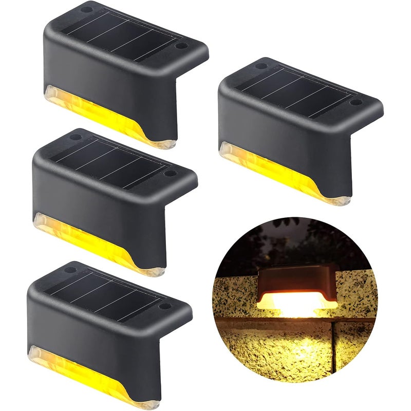 Zestaw 4 wodoodpornych, ciepłych, białych lamp solarnych LED do oświetlania tarasów, schodów zewnętrznych, stopni i ogrodzeń.