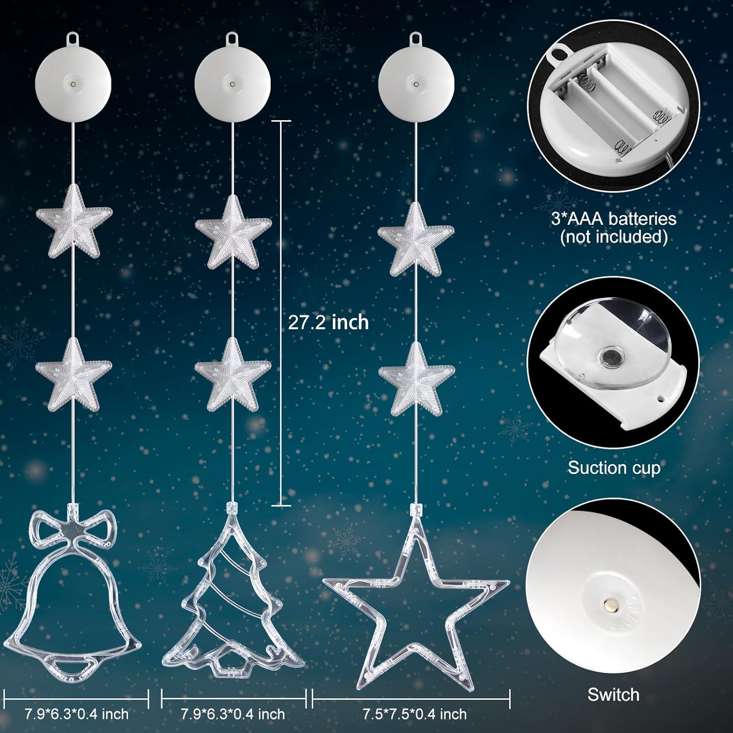 Trois guirlandes lumineuses à ventouses pour Noël, lumière blanc chaud, pour sapins de Noël, cheminées et décorations intérieures/extérieures - 2