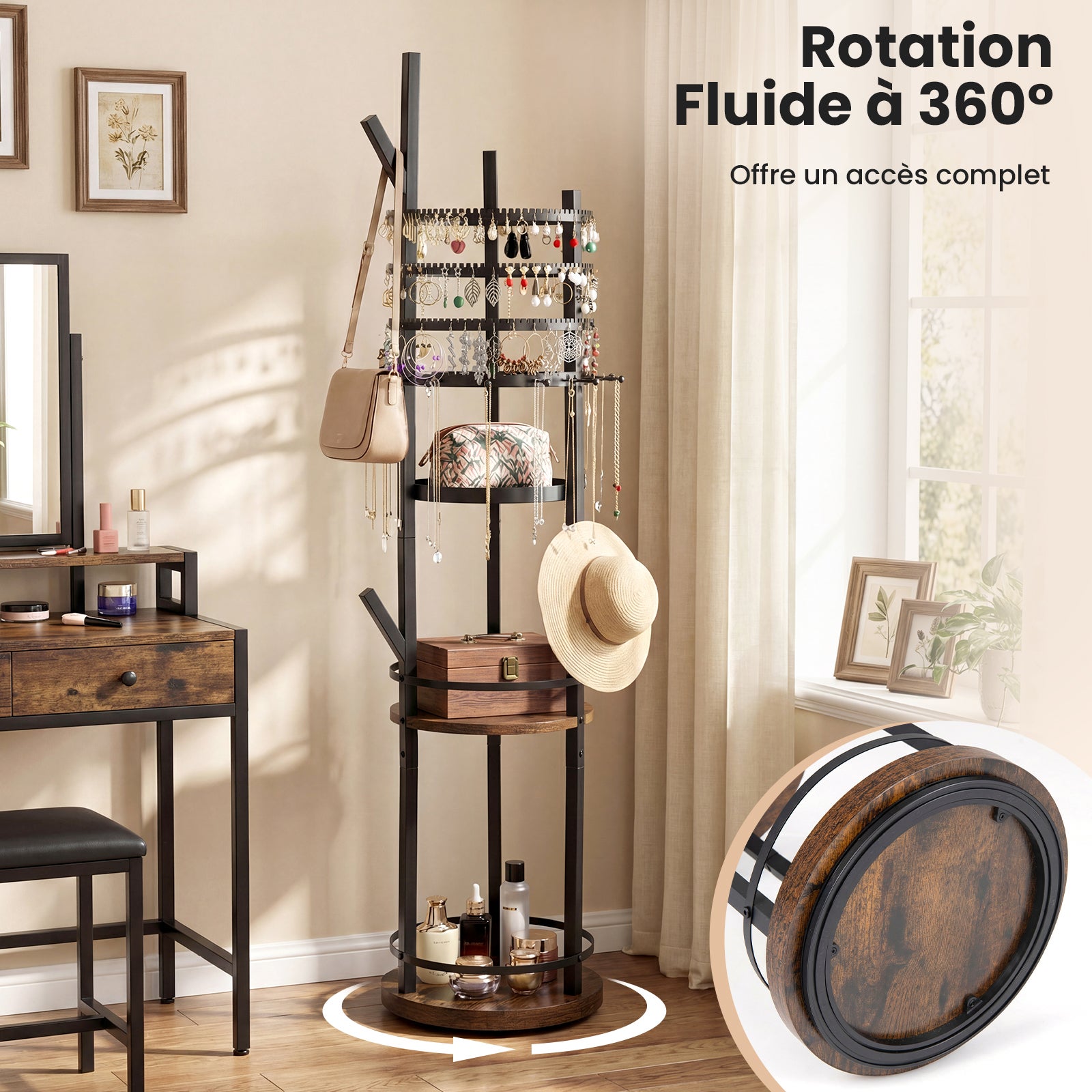 Support Organiseur pour Bijoux, Arbre à Bijoux Pivotant à 360° avec Crochets pour Boucles d'Oreilles et Colliers, 3 Étagères de Rangement, Marron - 5
