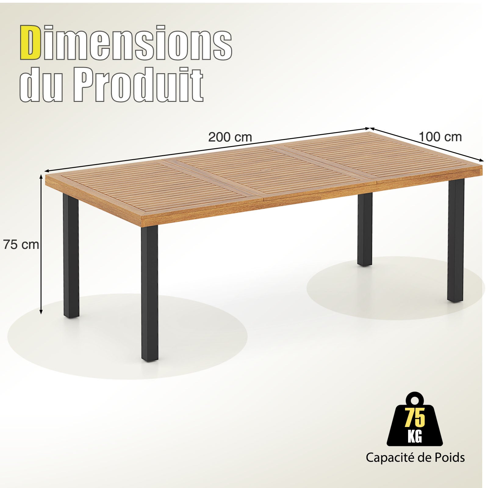 Table à Manger Extérieur en Bois d'Acacia Certifié FSC pour 8 Personnes, Table 200x100 cm avec Trou pour Parasol 5 cm, Pied en Métal - 3
