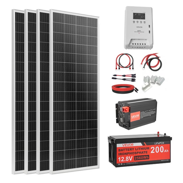 Kit Solaire Complet Hors Réseau VEVOR 400 W 12 V 4 Panneaux Solaires Monocristallins 100 W, Batterie LiFePO₄ 12,8 V 200 Ah