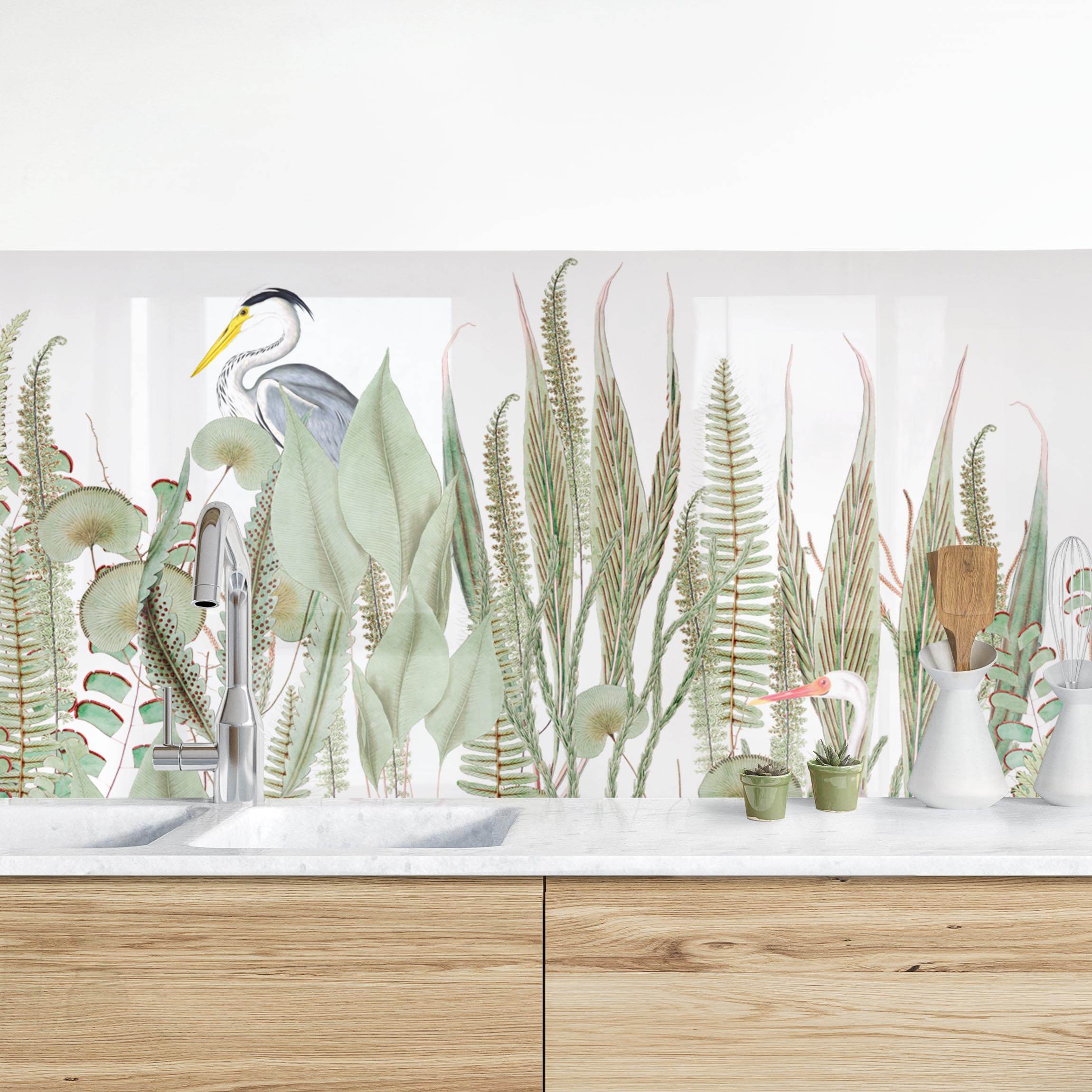 Salpicadero cocina adhesivo - flamingo and stork with plants 245 x 70 cm