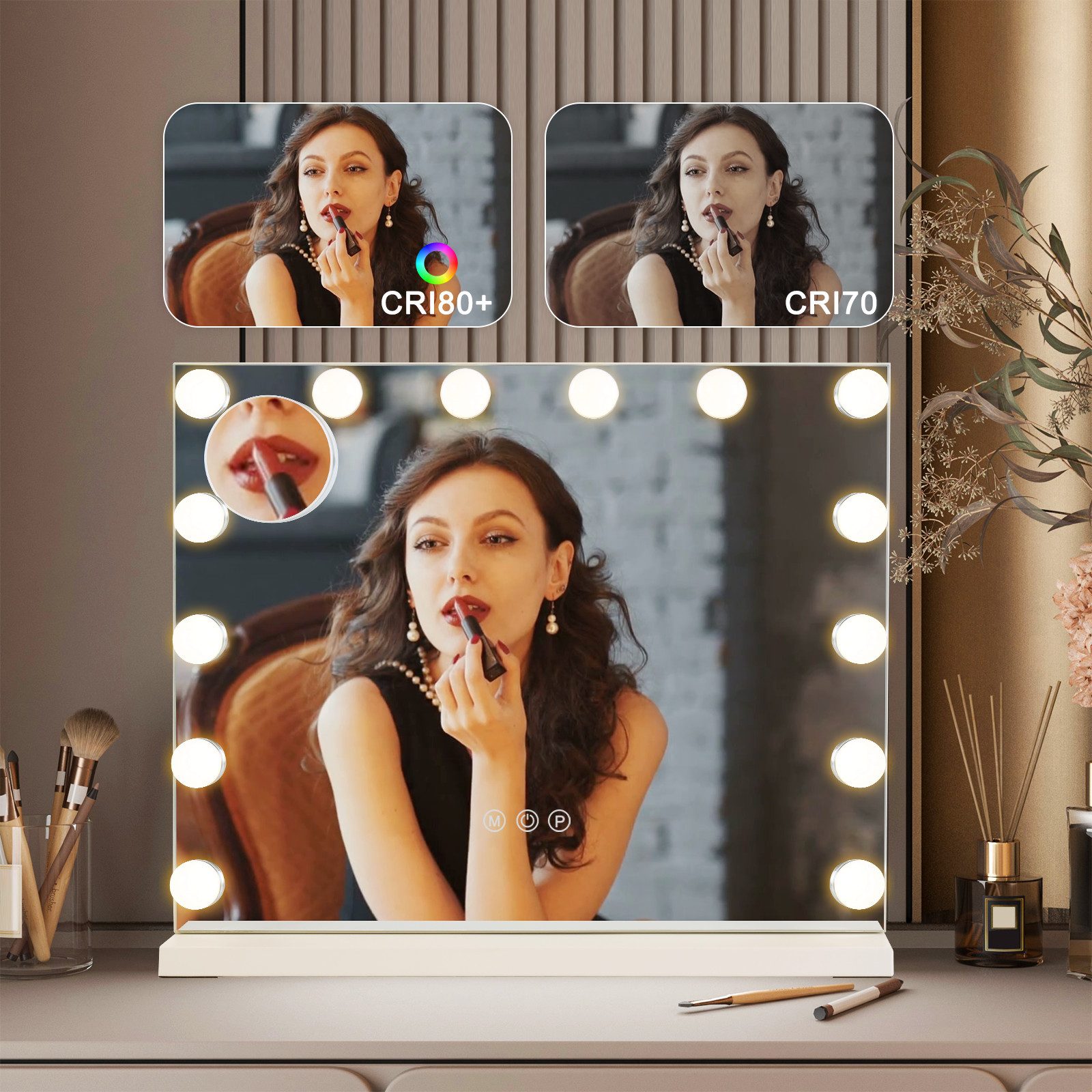 Nettlife Miroir de Maquillage Hollywood avec Éclairage LED - Miroir de Coiffeuse Grand Format 50x40cm avec 14 Ampoules, Port USB, Dimmable - 9