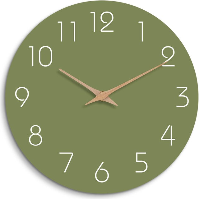 BOMCLAP Reloj de pared sencillo y silencioso, un hermoso reloj para la sala de estar, ideal para la decoración del dormitorio en color verde oliva.
