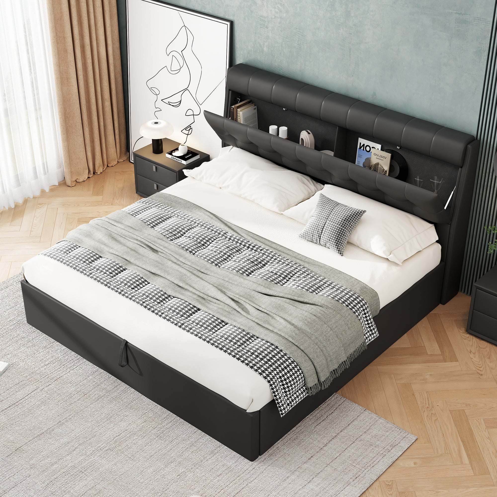 Lit coffre 140 x 200 cm avec tête de lit rangement - LEDs - Cuir PU - Noir (sans matelas) - 5