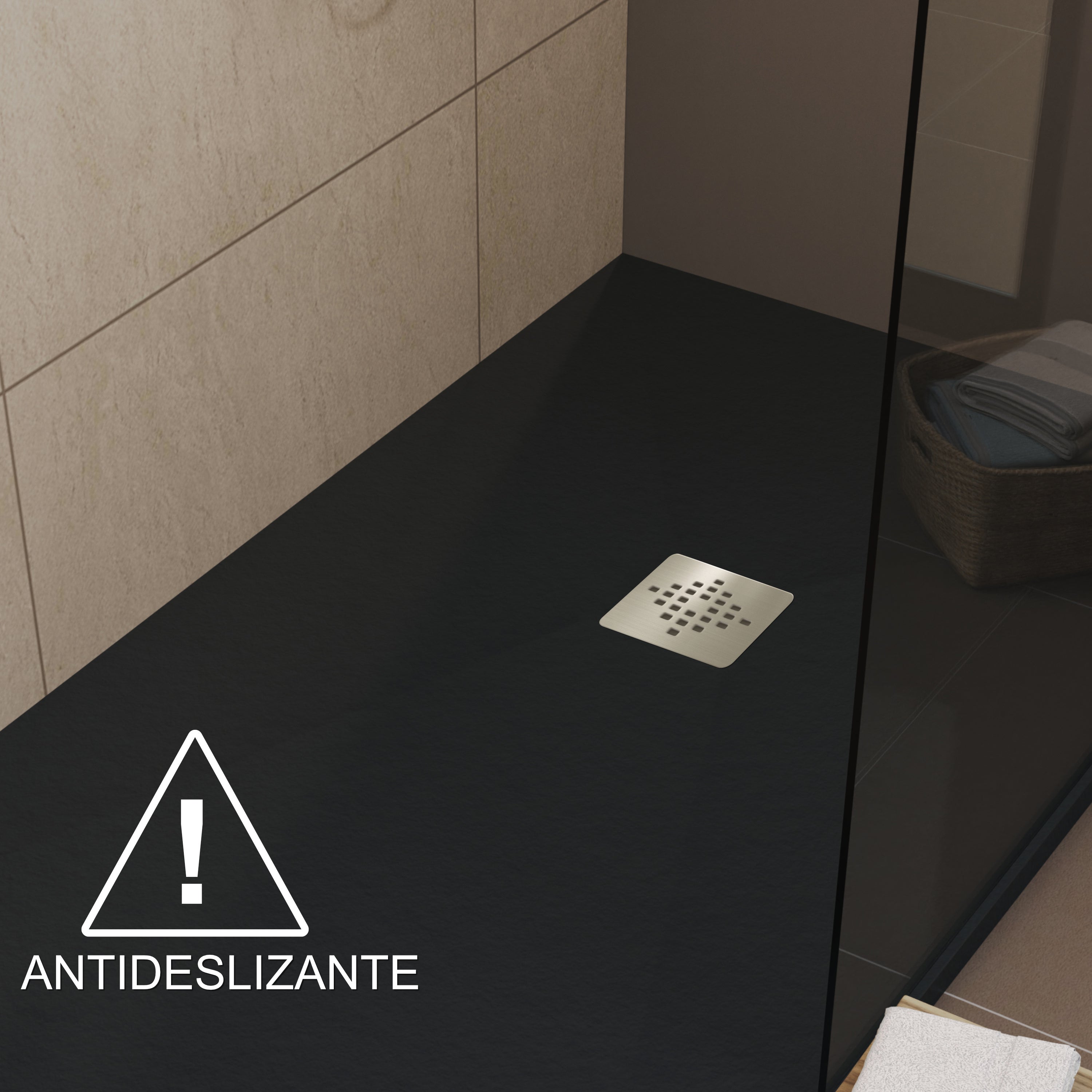 Plato de ducha 70x190 cm de resina Antideslizante C3 | Carga mineral, textura pizarra, antracita ral 7016 | Incluye válvula y rejilla - 3