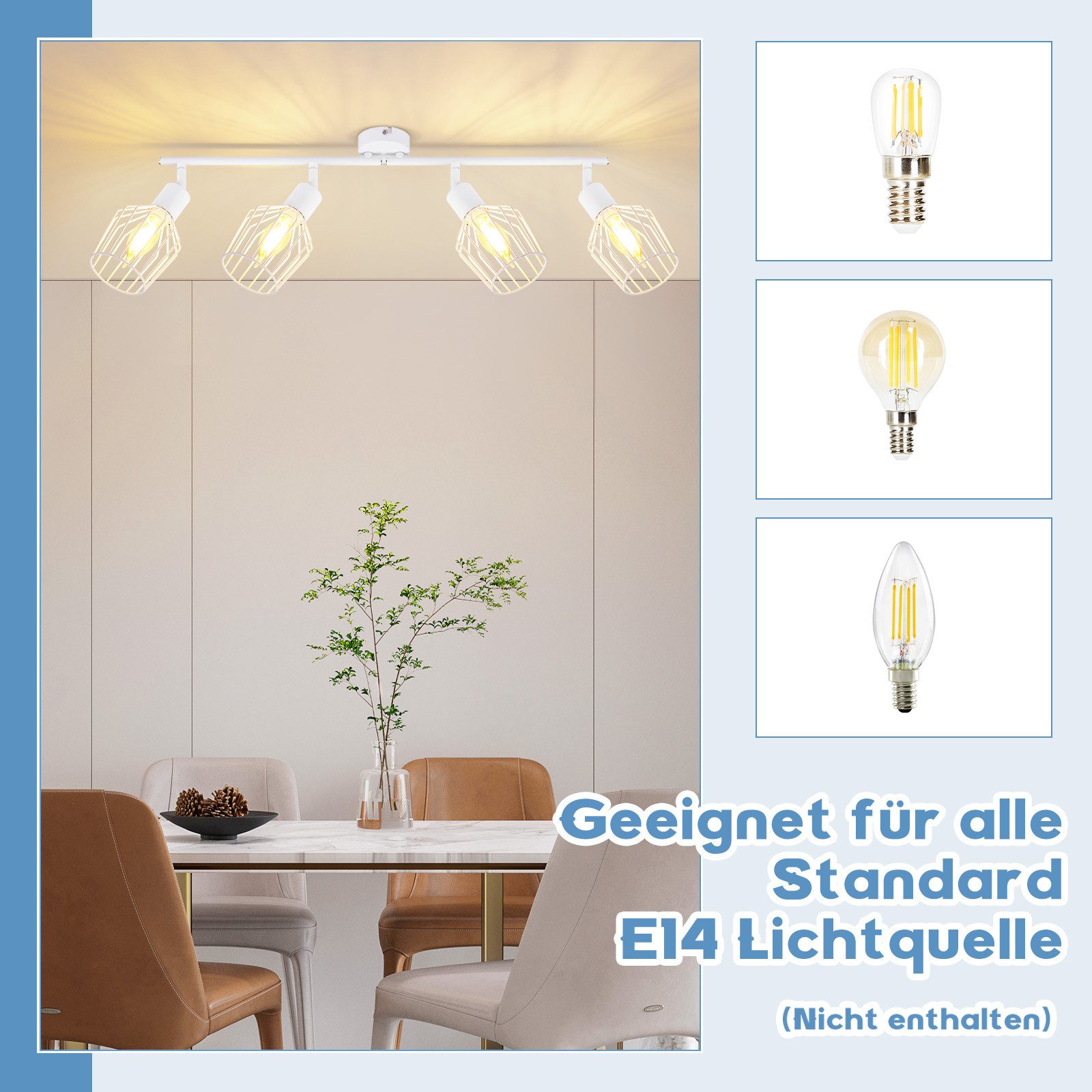 NETTLIFE Foco de Techo，4 luces E14 - Metal, Lámpara de Pasillo Industrial Giratoria 350°, Aplique de Pared para Pasillo y Sala de Estar, Blanco - 2