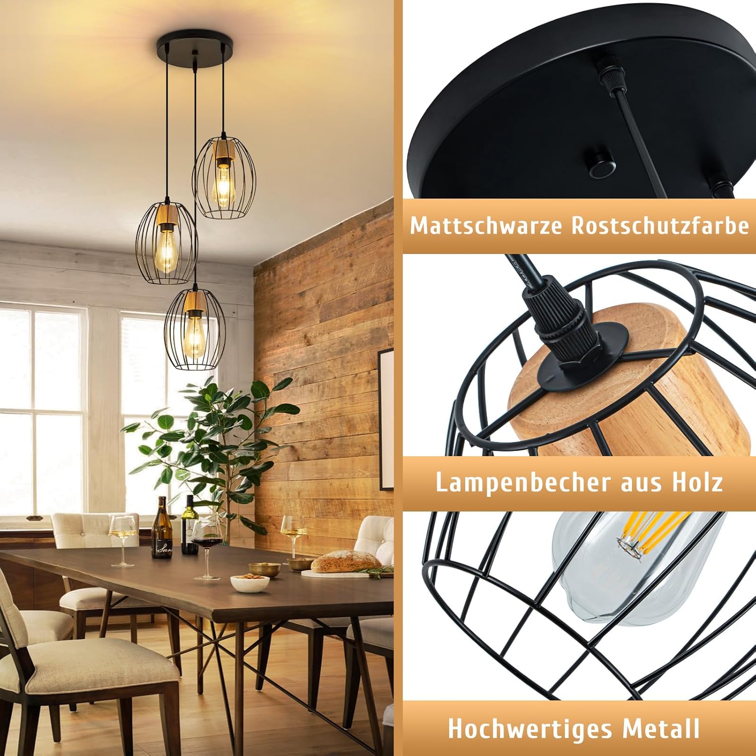 ZMH Czarna metalowa lampa wisząca E27 z 3 lampkami w stylu vintage, regulowana wysokość, żarówka nie jest dołączona - 2