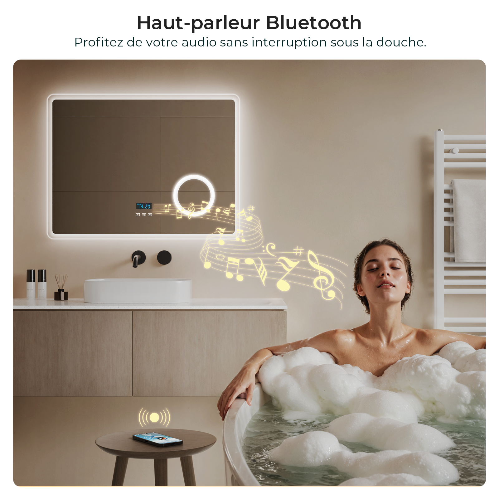 Lustro łazienkowe LED Bluetooth 100 × 60 cm – prostokątne, 3× powiększające, przeciwmgielne, dotykowy włącznik, 3000/4000/6500 K - 3