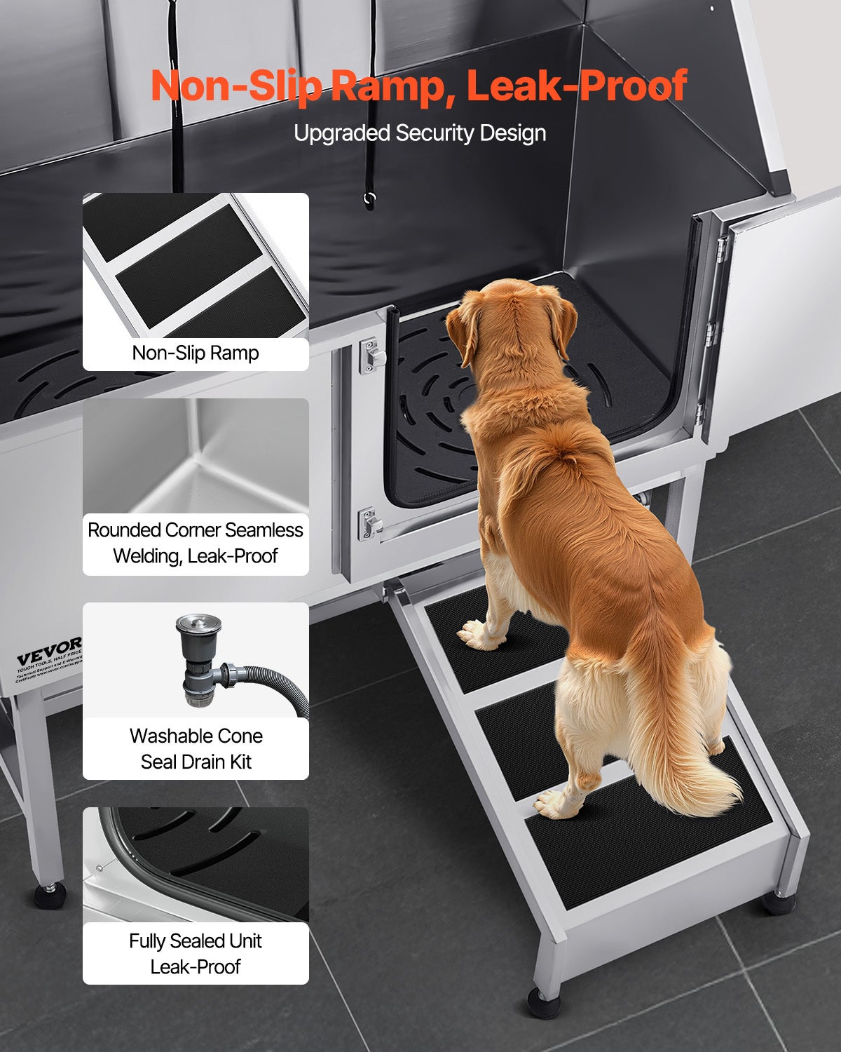 Banho para cães de aço inoxidável VEVOR, para animais de estimação Estação de lavagem para gatos de 127 cm, com corrimão, painel de filtro de água - 3