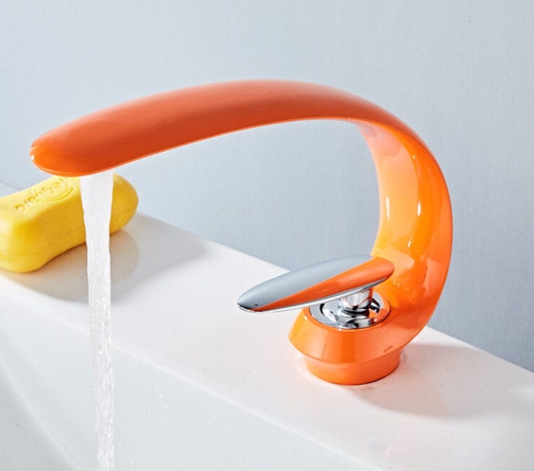 Mosiężne baterie umywalkowe do łazienki, bateria umywalkowa jednootworowa, bateria umywalkowa artystyczna – pomarańczowa