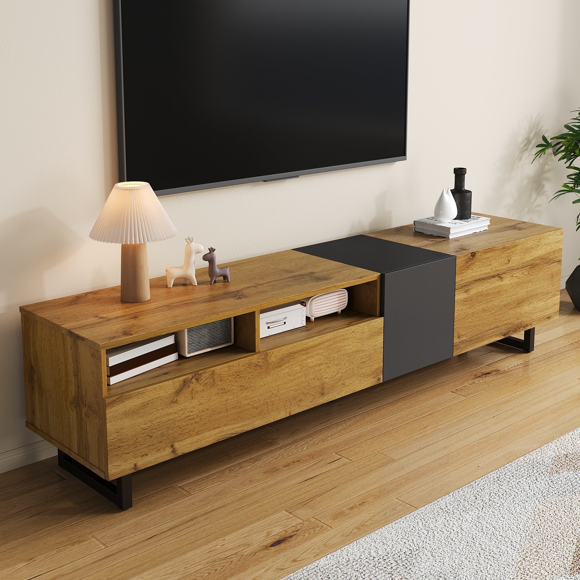 Meuble TV Colorblock à Motif Bois Rétro - 3 Portes Et 2 Niches - Pieds ...