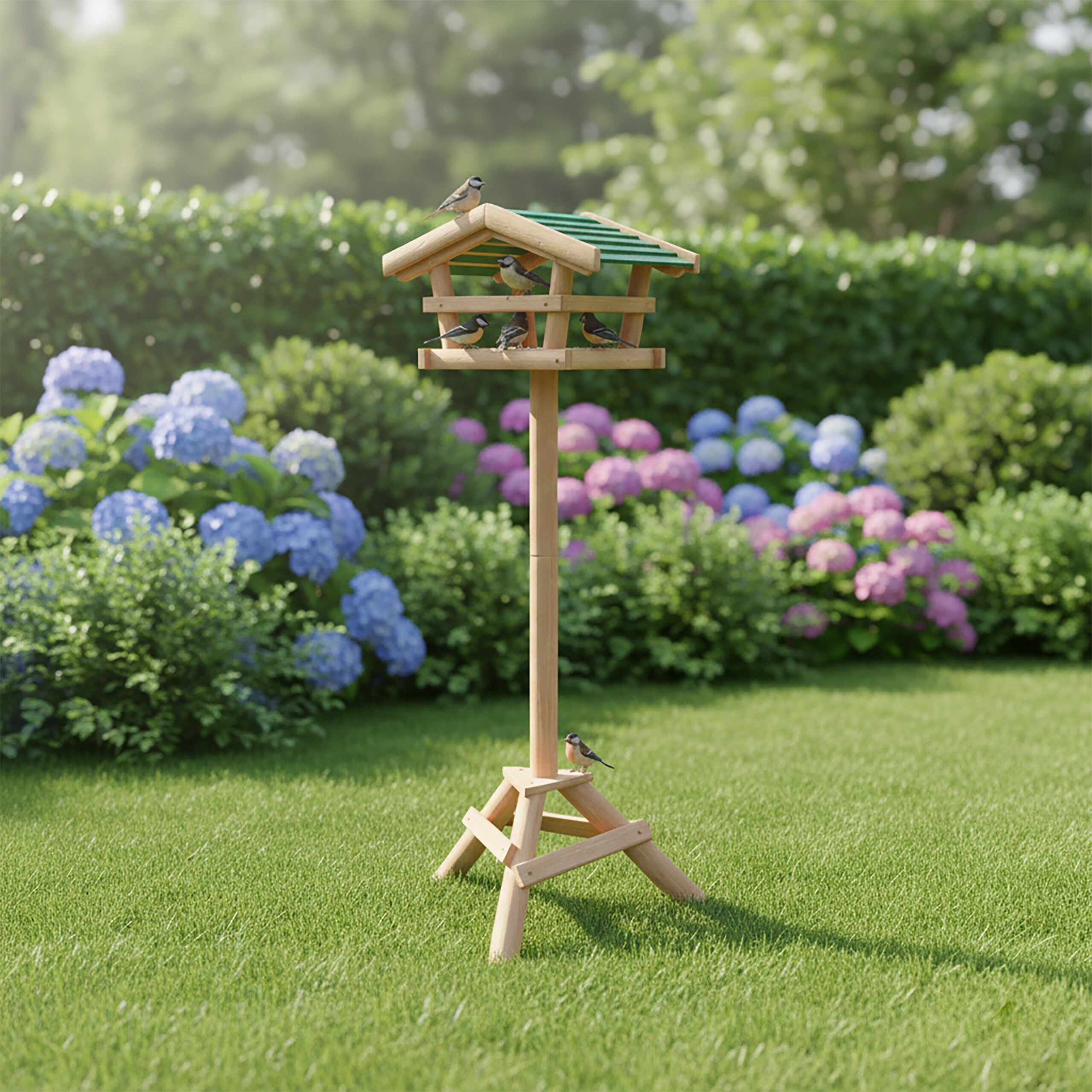 Relaxdays Nichoir à oiseaux pied Support de jardin Mangeoire en bois Déco H x l x P: 100 x 37 x 43 cm, avec toit vert - 6