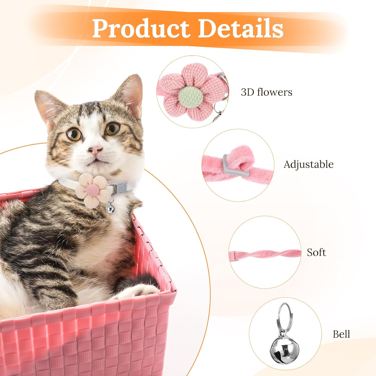 Coleira para gatos com sino, estampa floral para animais de pequeno porte, coleira para gatos, cachorros e coelhos (rosa, bege) - 3