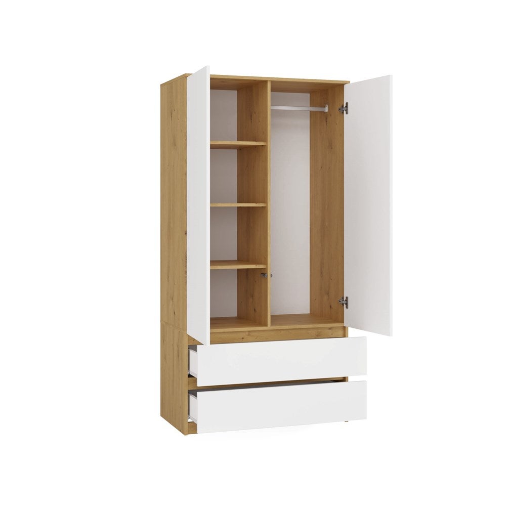 TURIN - Armoire de chambre - Penderie multifonctions - 2 portes + 2 tiroirs - Dressing - artisan et blanc - 7