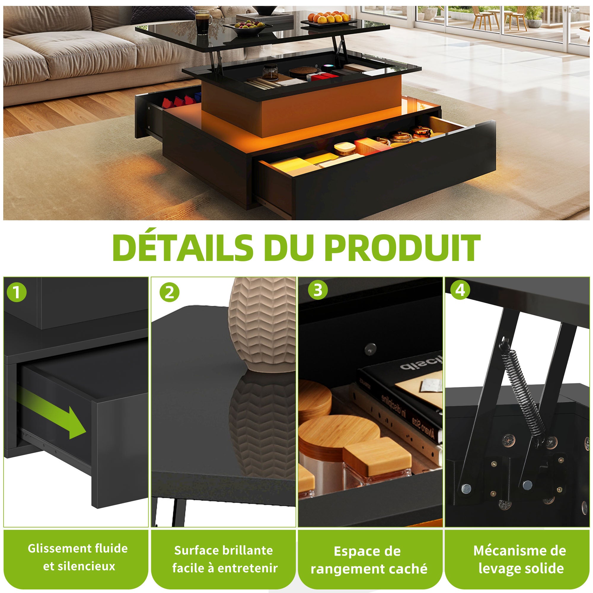 Balconera Table basse Plateau Relevable - Éclairage LED - 2 tiroirs de rangement - 85 x 55 x 56 cm - Noir - 6