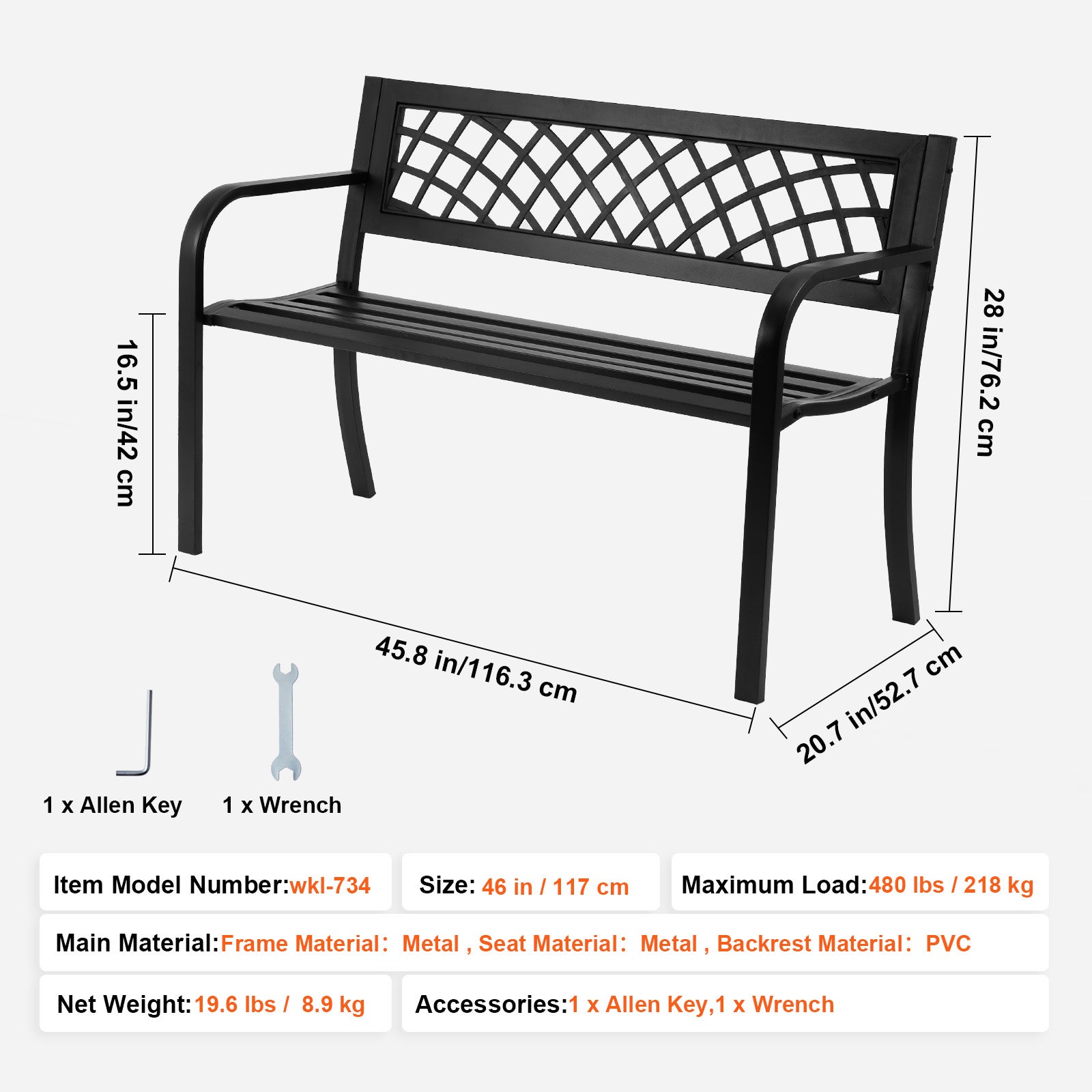 Banc jardin métal extérieur,capacité SucceBuy 480 lb,avec dossier et accoudoirs,parfait patio,parc,cour,véranda - 9