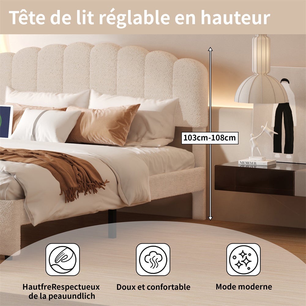 Lit double 140x200cm, cadre de lit avec 1 grand tiroir, sommier à lattes et tête de lit réglable avec port charge, velours teddy, beige - 3