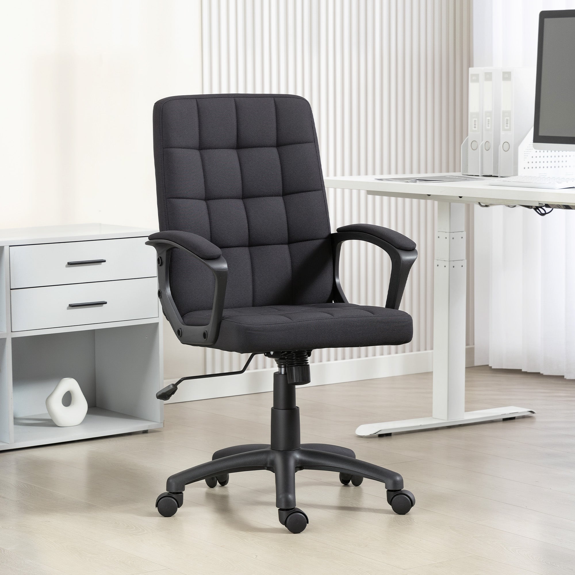 Fauteuil de bureau pivotant revêtu de lin synthétique, réglable en hauteur et en inclinaison, dossier mi-haut, accoudoirs, noir - 3