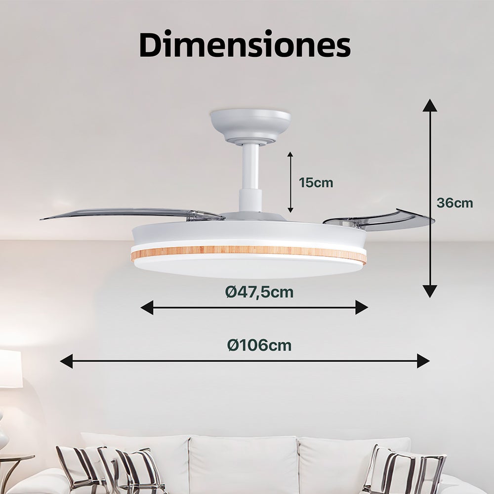 Ventilateur de plafond avec lumière LED rétractable 106 cm, 3 pales, puissance totale 72W, sans application, avec télécommande, programmateur - 8