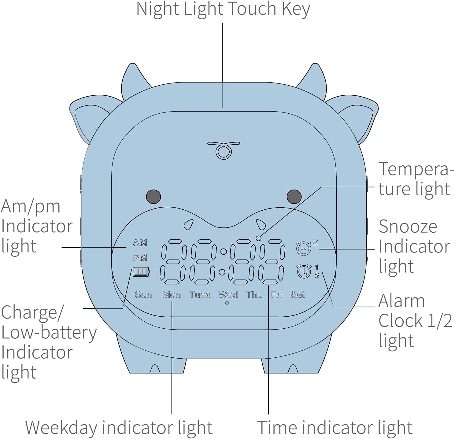 Réveil enfant avec fonction date et température, veilleuse et fonction sno-wake, motif vache mignonne, port USB, cadeau idéal pour les et le - 2