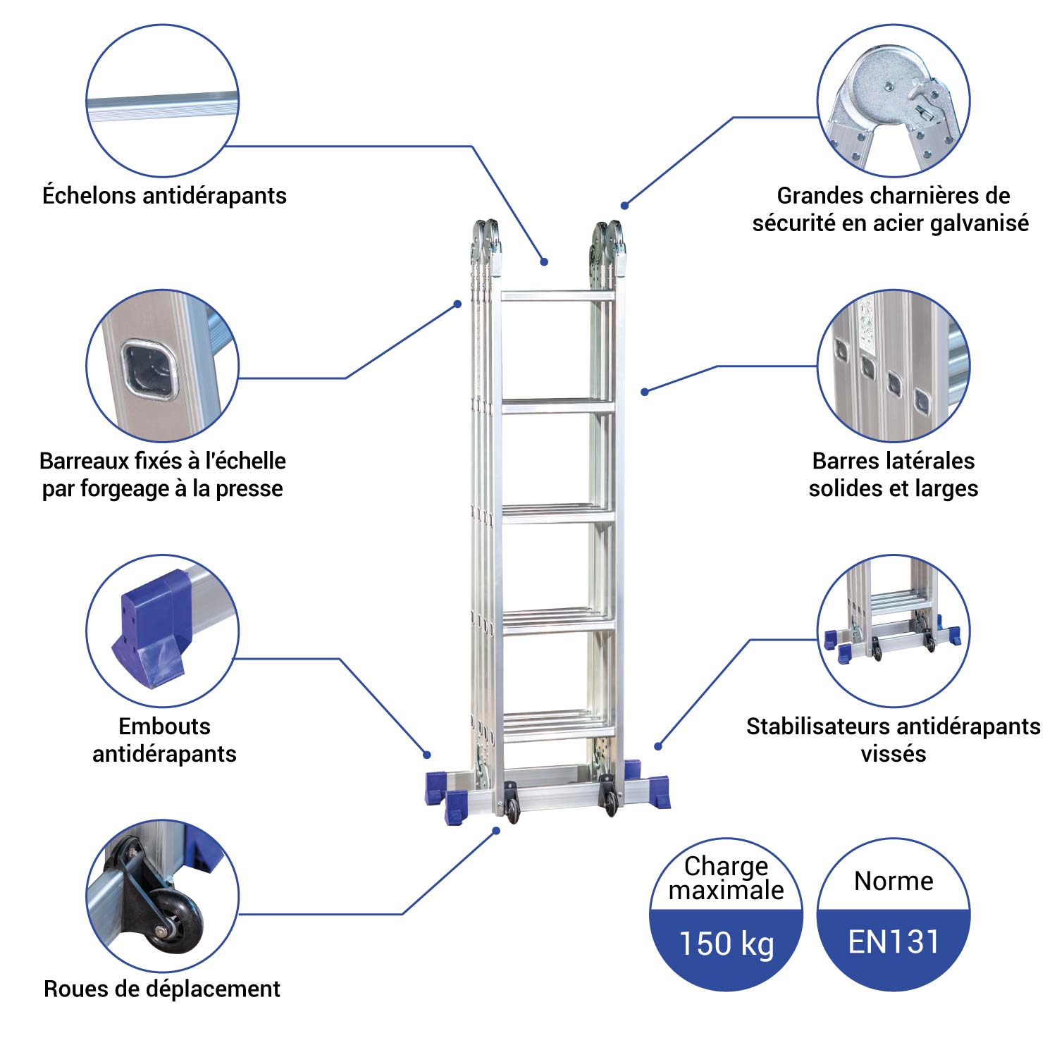 HOSTRÖM Echelle pliante articulée STAVALANCE4x5, 5,7m, 20 marches, multifonction, escabeau, aluminium, H travail max 6,29m, Garantie 5 ans - 4
