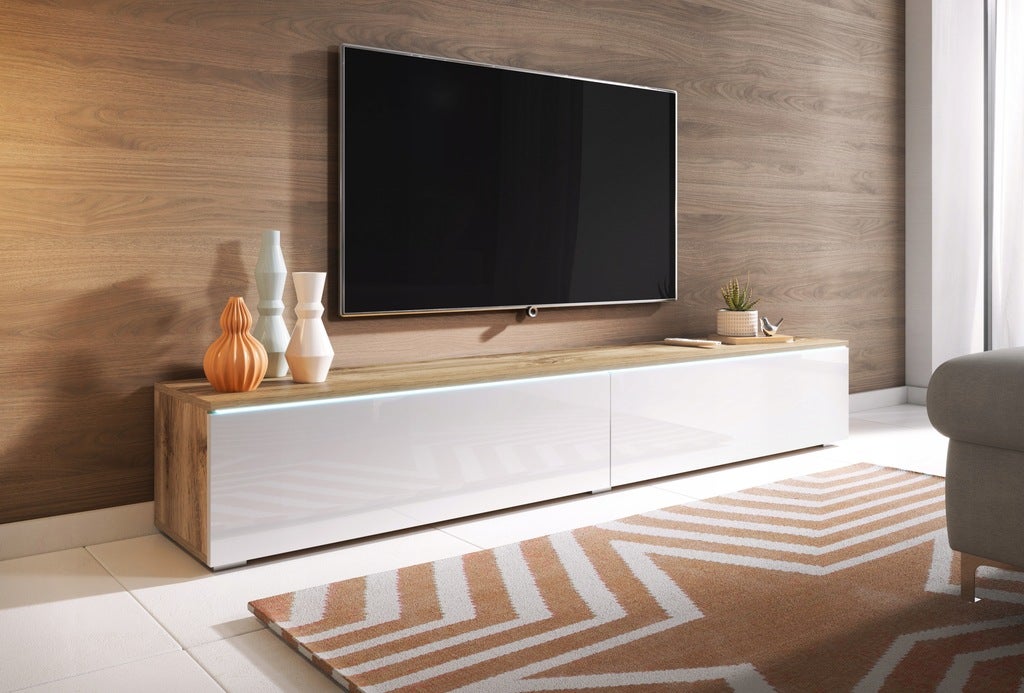 Meuble TV Lowboard D180 Chêne Wotan/Blanc brillant, Nombre de portes : 2, 180x30x31 cm - 2