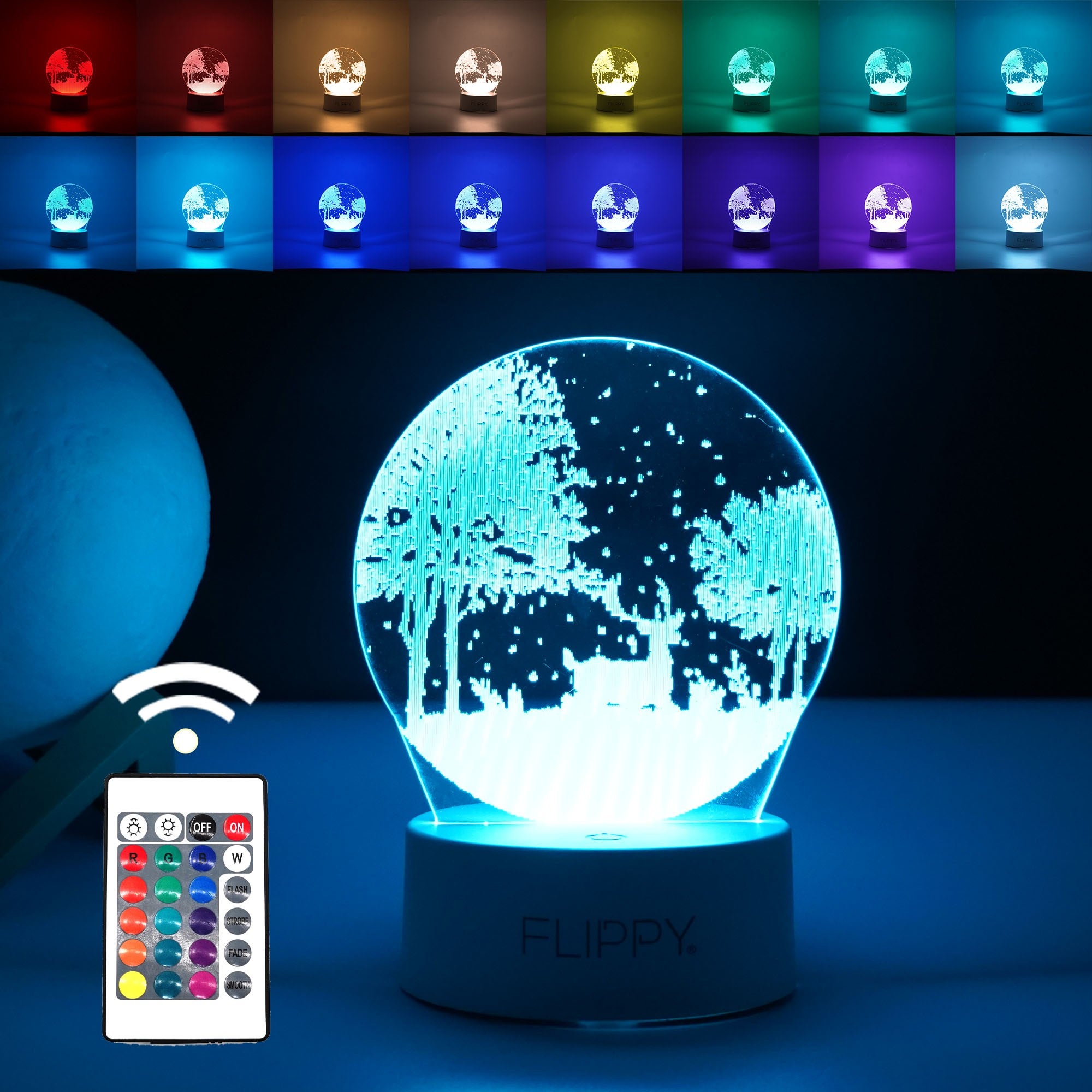 Lampa LED decorativa, Flippy, 3D, Peisaj de iarna, cu telecomanda, doua moduri de alimentare USB si baterii, 20 cm inaltime, din material acril si