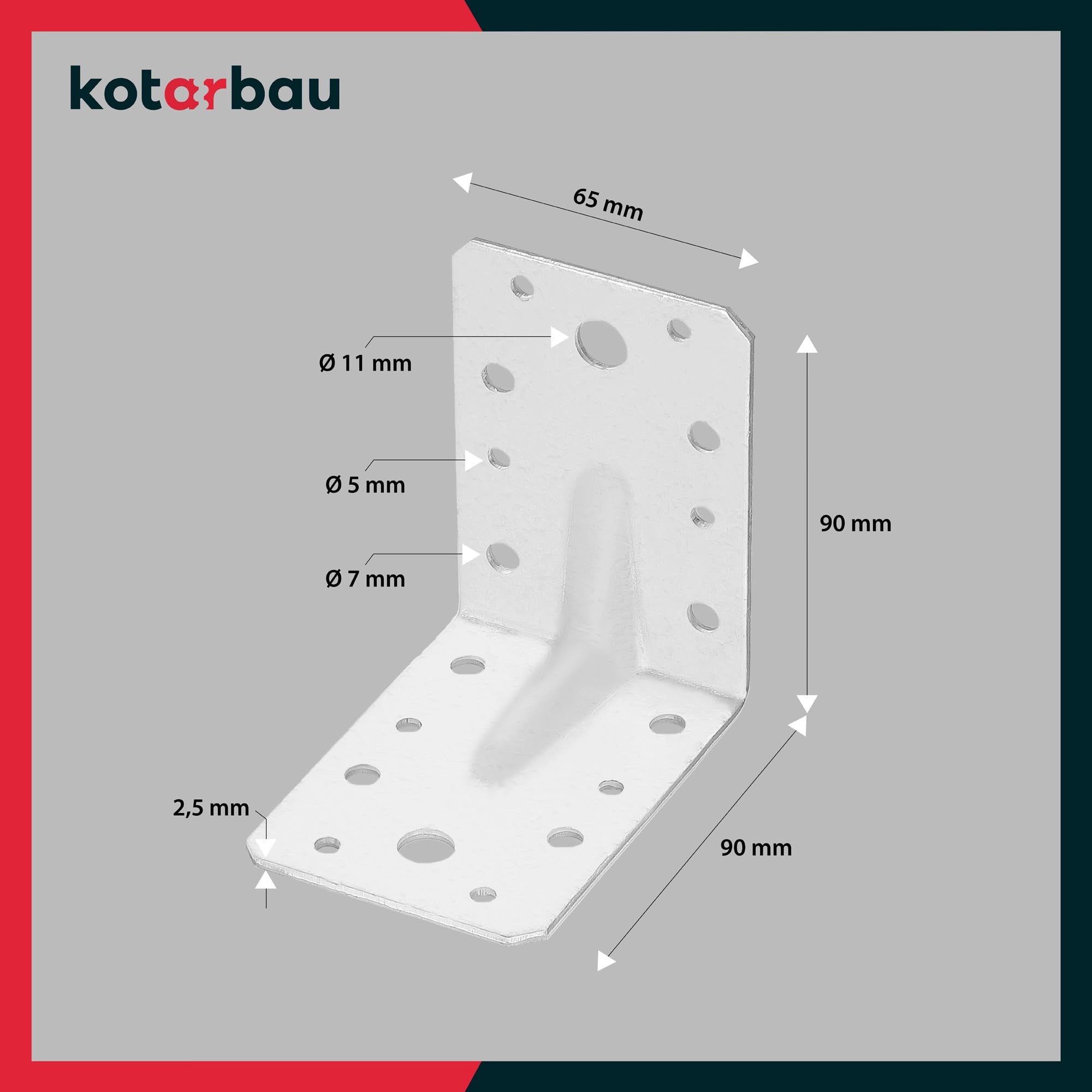 Lot de 12 Cornières en acier 90x900x65 mm - Equerres de fixation galvanisées renforcées - Connecteurs d'angle - KOTARBAU - 9