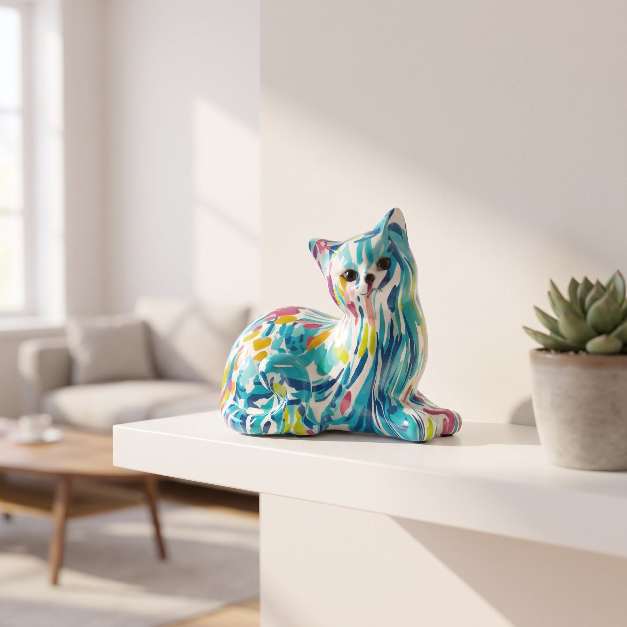 Figura de gato tumbado de resina pop art multicolor con pinceladas y ...