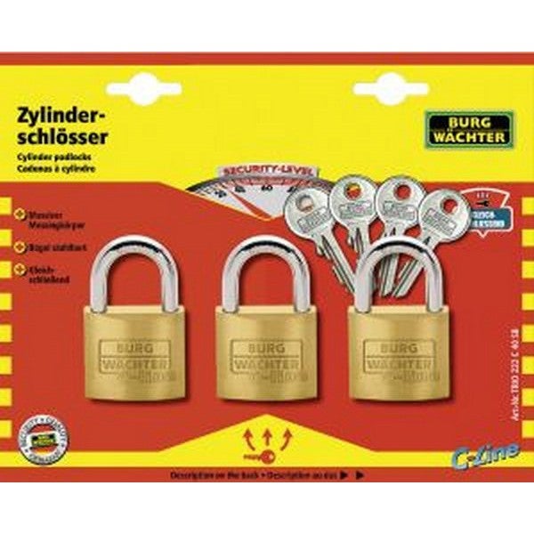 BURG-WÄCHTER Set da 3 Lucchetti, Gancio spesso 6 mm, 4 Chiavi, Trio 222 40 SB