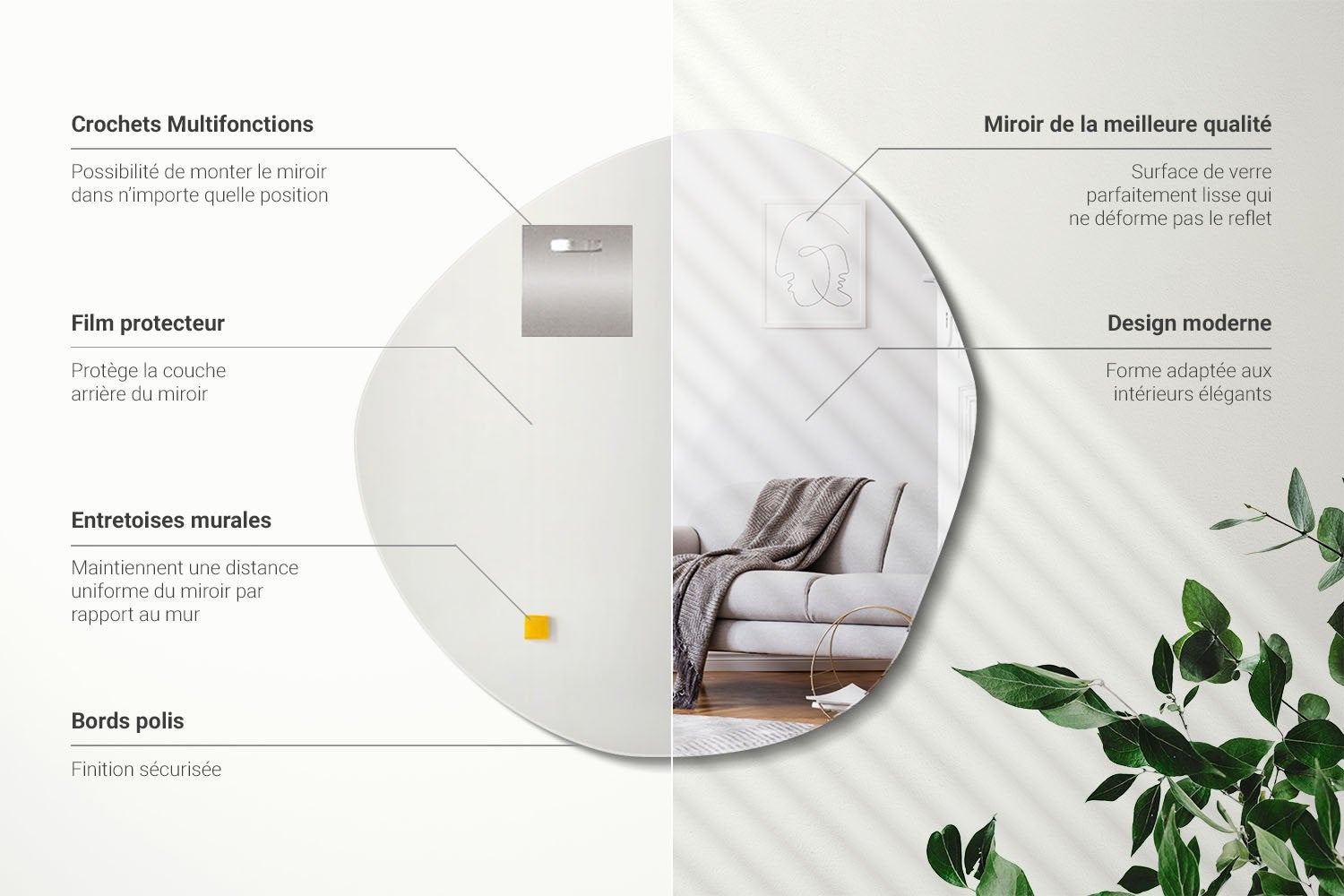 Specchio da parete irregolare per il soggiorno - Tulup - 47,9 cm x 48,3 cm - 3