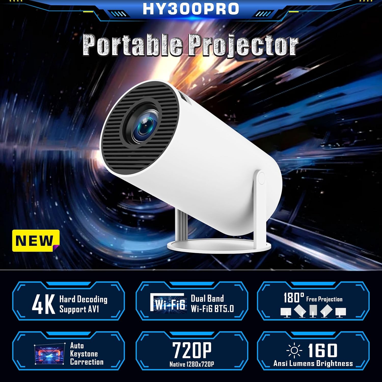 Jiahooi ，Projecteur vidéo portable 4K, Wi-Fi 6, Android 11, 1080p, compatible téléphones et ordinateurs portables, HDMI, rotation à 180° (HY300Pro) - 6