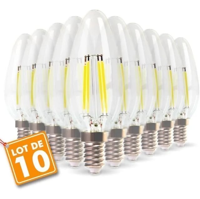 Lot de 10 Ampoules LED E14 Flamme Filament 4W Eq 40W blanc chaud 2700K