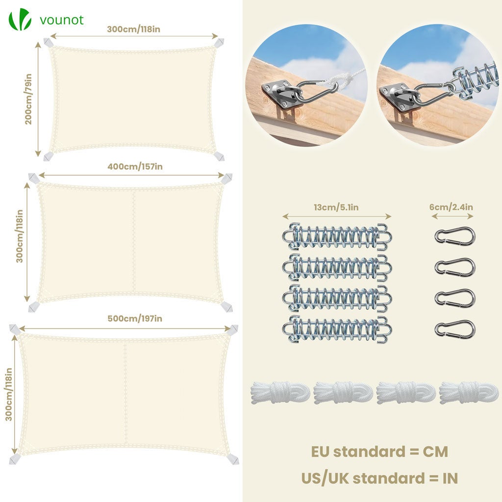 VOUNOT® Vela Ombreggiante Impermeabile Rettangolare 3x2m, Tenda da Sole per Esterno in Polyester con Kit di Fissaggio, Beige - 6