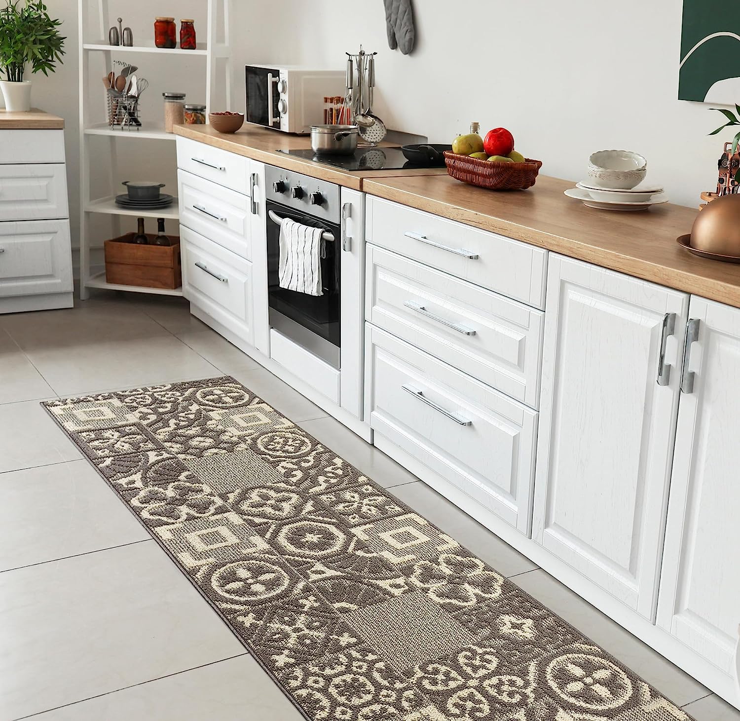 Tapis de Cuisine 50x75 cm Moderne Coureur Bordé Absorbant Antidérapant Lavable Maiolique 3D Beige - 3