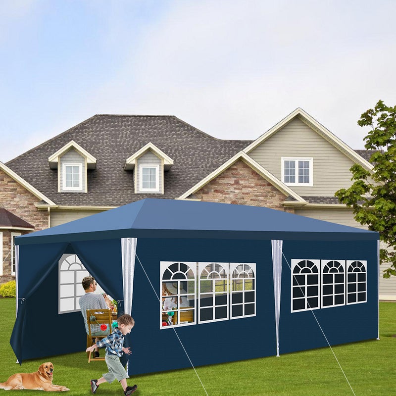 Tente Tonnelle de Grandes réception avec panneaux latéraux amovibles fenêtres Tente Fête Camping chapiteau ou tonnelle Bleue 3x6m - 8