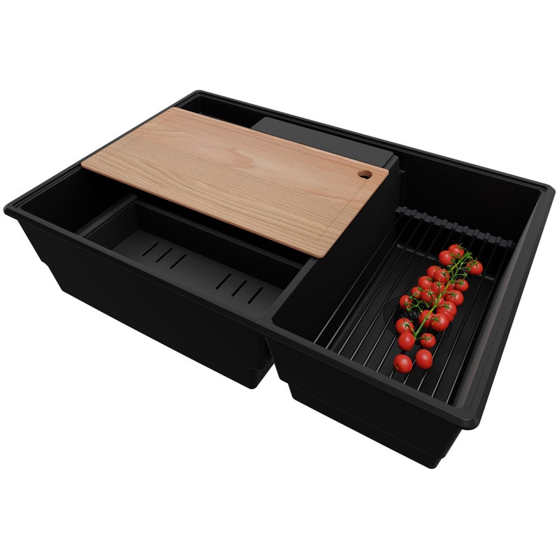 Zlewozmywak Cały Czarny 78x53cm, Zlew Kuchenny 2 Komorowy + Syfon + Akcesoria, Nablatowy do szafki od 80cm - Paryż PRIMAGRAN