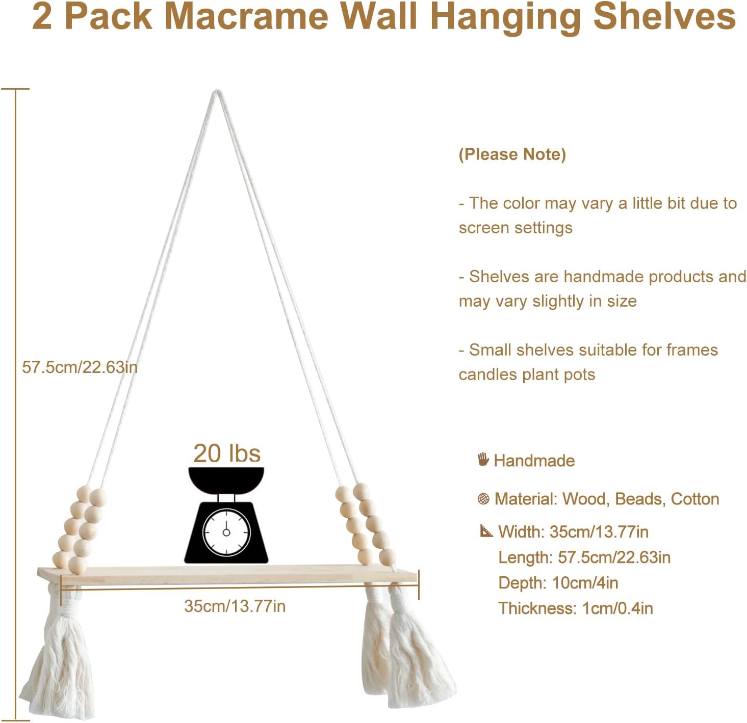 Lot de 2 étagères murales en bois - Étagère suspendue en macramé avec pompon, étagère flottante de rangement bohème, support pour plantes suspendu - 2