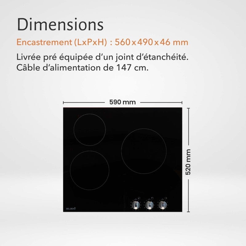 Plaque de Cuisson Vitrocéramique 3 Foyers - 5200W - Commandes par Manettes - Boutons Encastrable Contrôle Mécanique Facile - 7