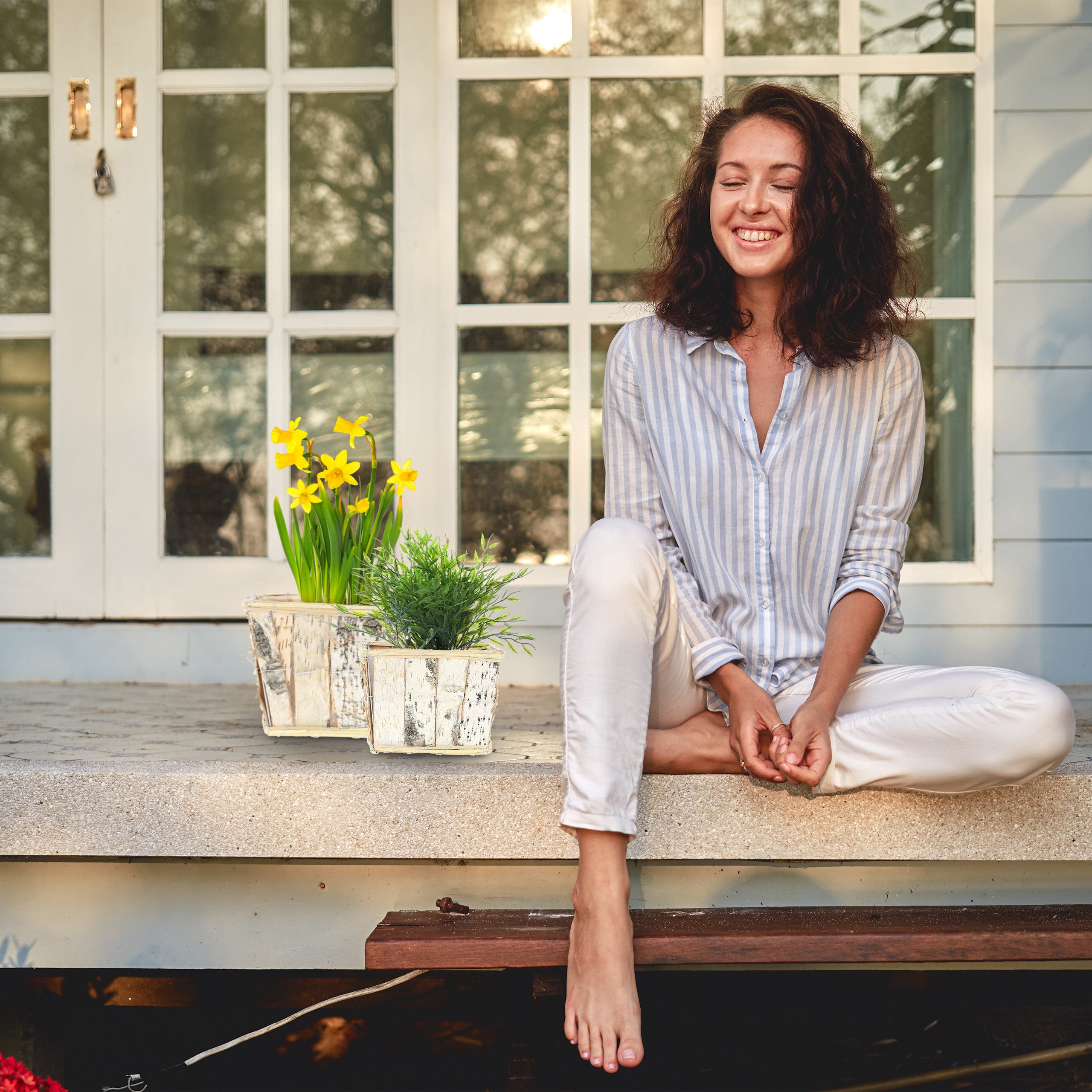 Vasi per Fiori, 4 Diverse Misure, Fioriere Quadrate con Corteccia di Betulla e Rivestimento, Bianco Naturale, Relaxdays - 3