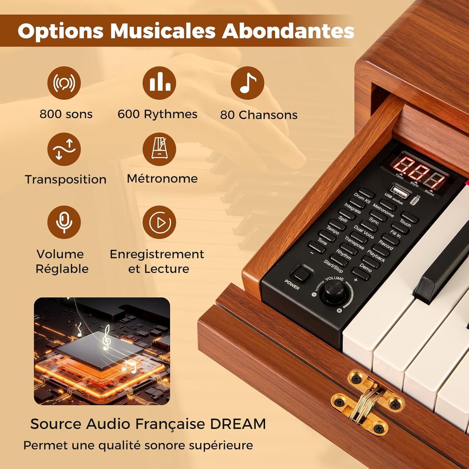 Piano Numérique 88 Touches Pondérées, Triple Pédalier, 2 Haut-parleurs, Casque, Connexion MIDI et Pupitre pour Débutants - 3