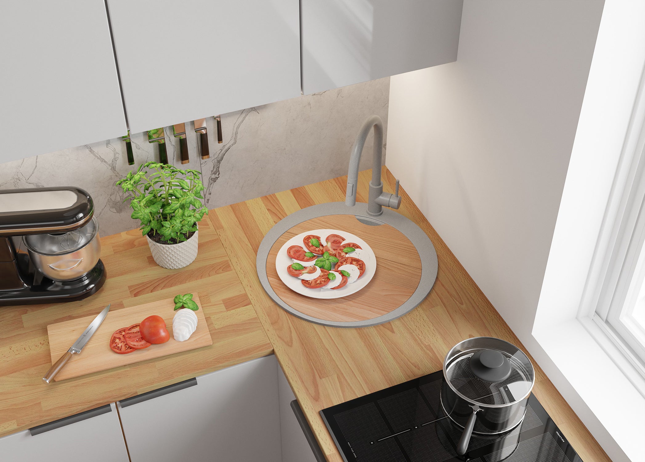 Zlewozmywak Okrągły Szary 53x53cm, Zlew Kuchenny 1 Komorowy + Syfon + Deska, Nablatowy do szafki od 50cm - Piza Max PRIMAGRAN - 3